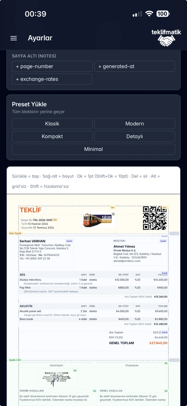 iOS uygulaması — görsel PDF tasarımcısı